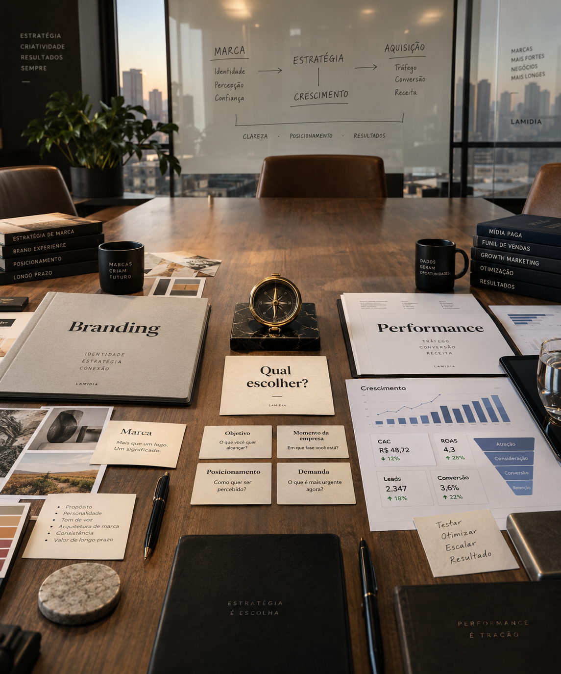 Empresário brasileiro comparando duas propostas de marketing sobre uma mesa de escritório