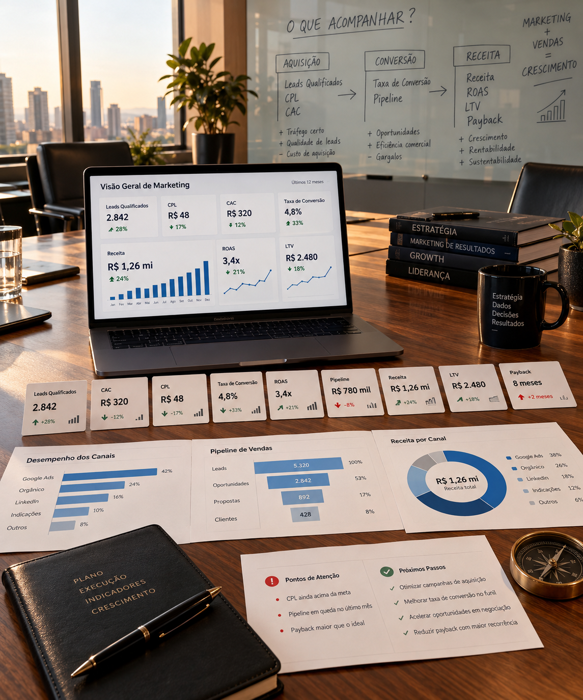 Empresário brasileiro analisando relatório de indicadores de marketing com gráficos de CAC e LTV sobre a mesa