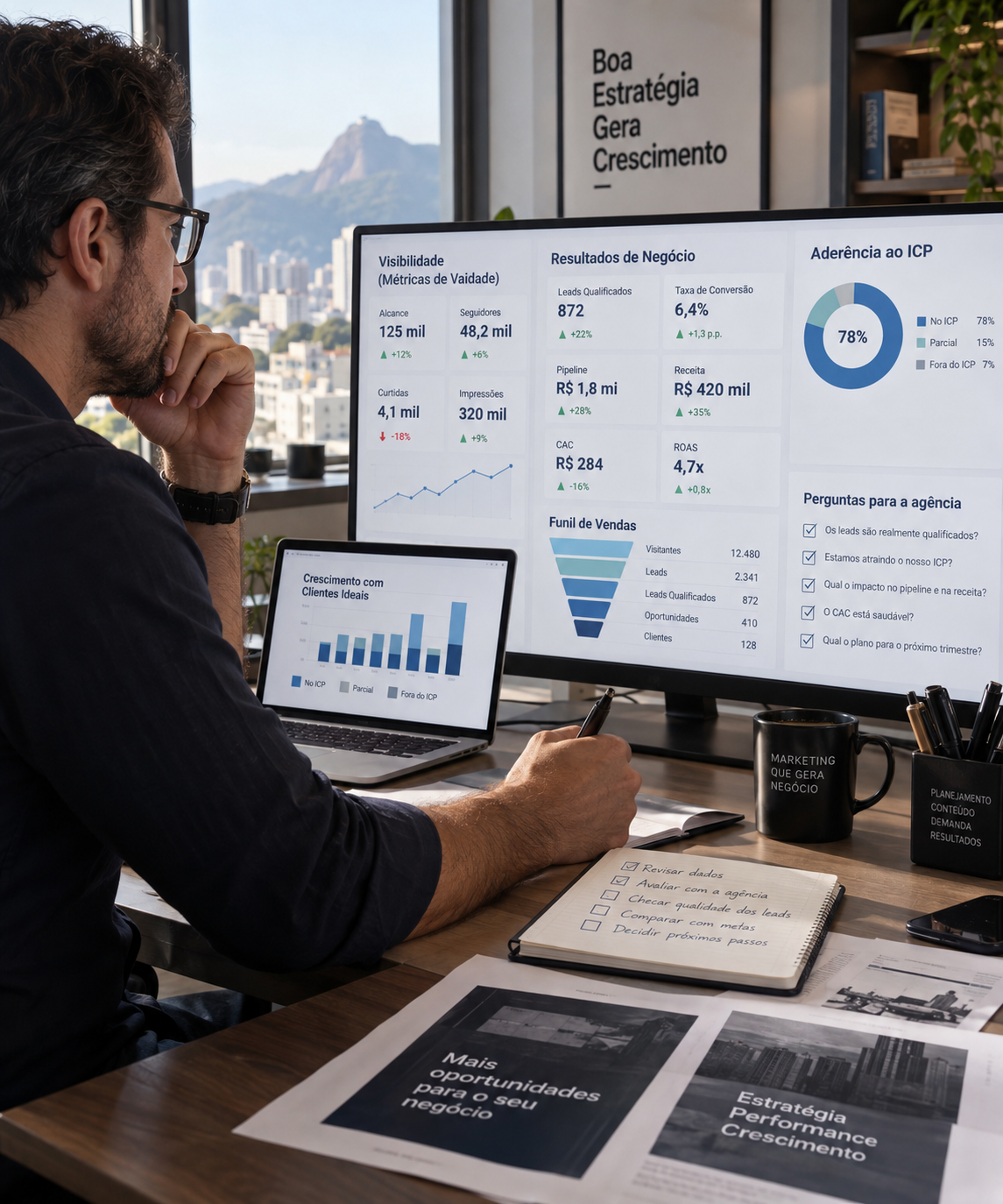 Empresário brasileiro analisando relatório mensal de marketing com expressão de dúvida sobre os resultados apresentados