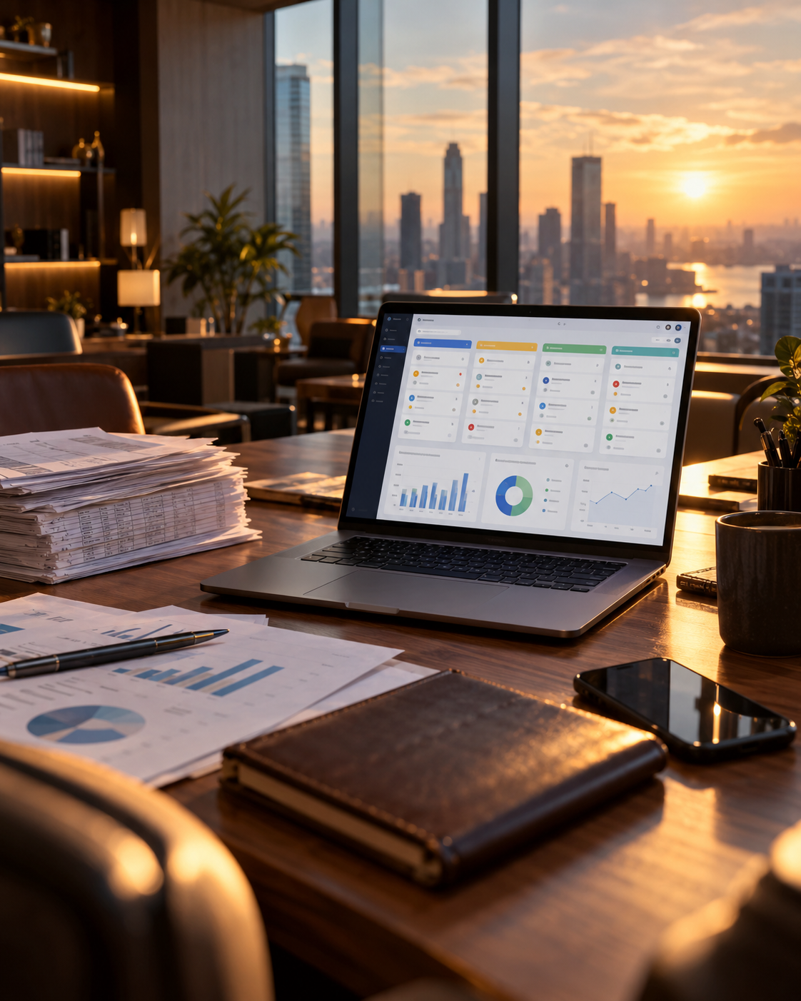 Gestor comercial brasileiro analisando painel de CRM com funil de vendas em notebook no escritório