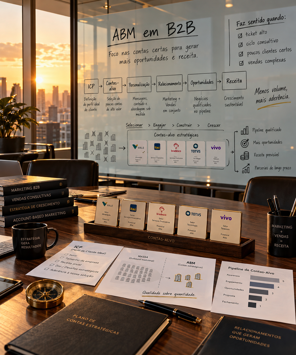 Equipe de marketing B2B analisando lista de contas estratégicas em reunião de planejamento ABM