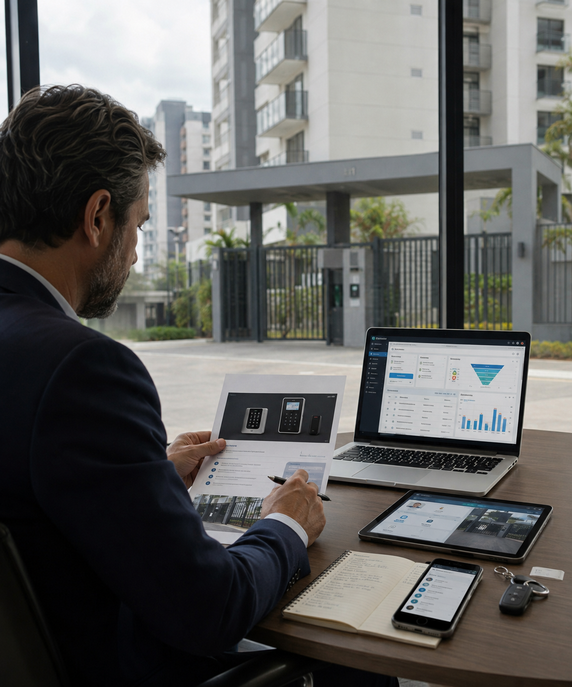 Síndico analisando proposta comercial de controle de acesso condominial em um tablet