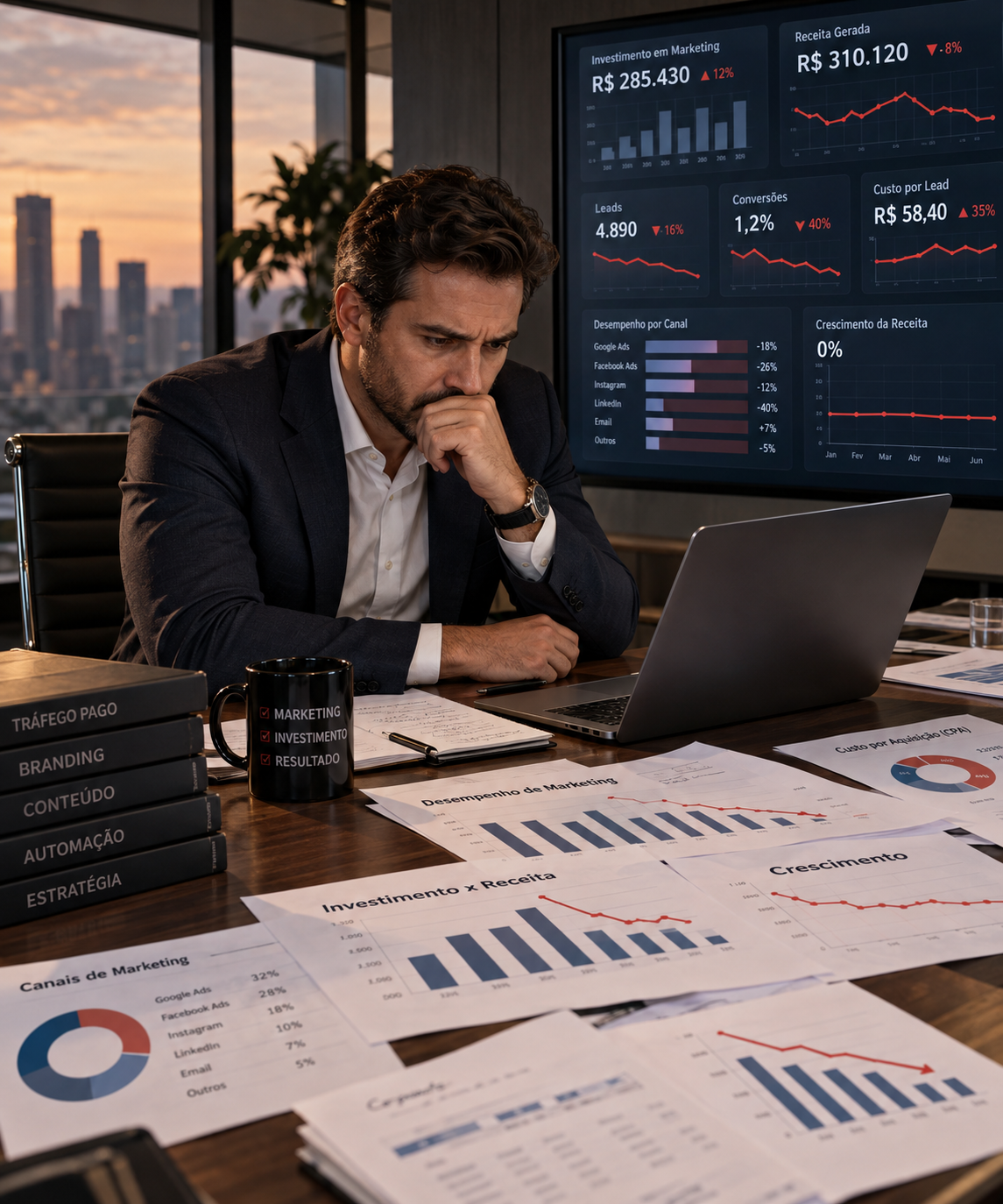 Empresário brasileiro analisando relatório de marketing com gráfico de crescimento estagnado