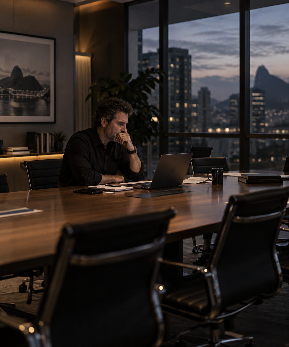 Empresário brasileiro sentado sozinho à mesa tarde da noite analisando relatórios e decisões da empresa