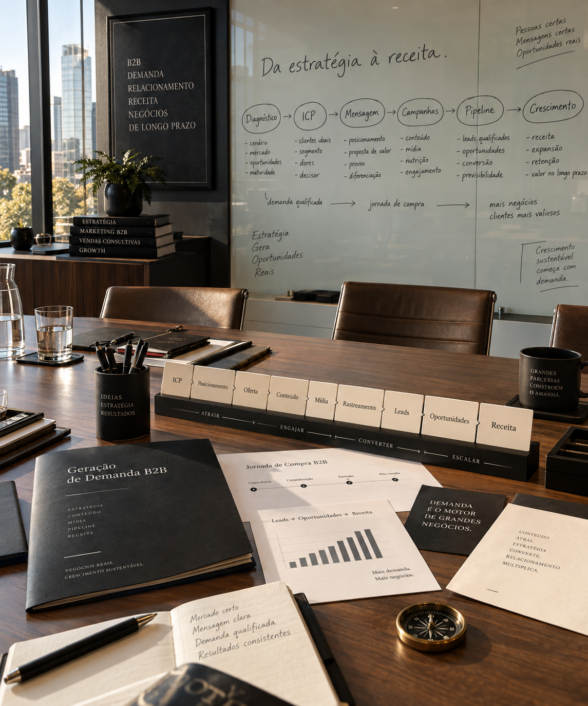 Head de marketing B2B analisando funil de geração de demanda em quadro branco durante reunião estratégica