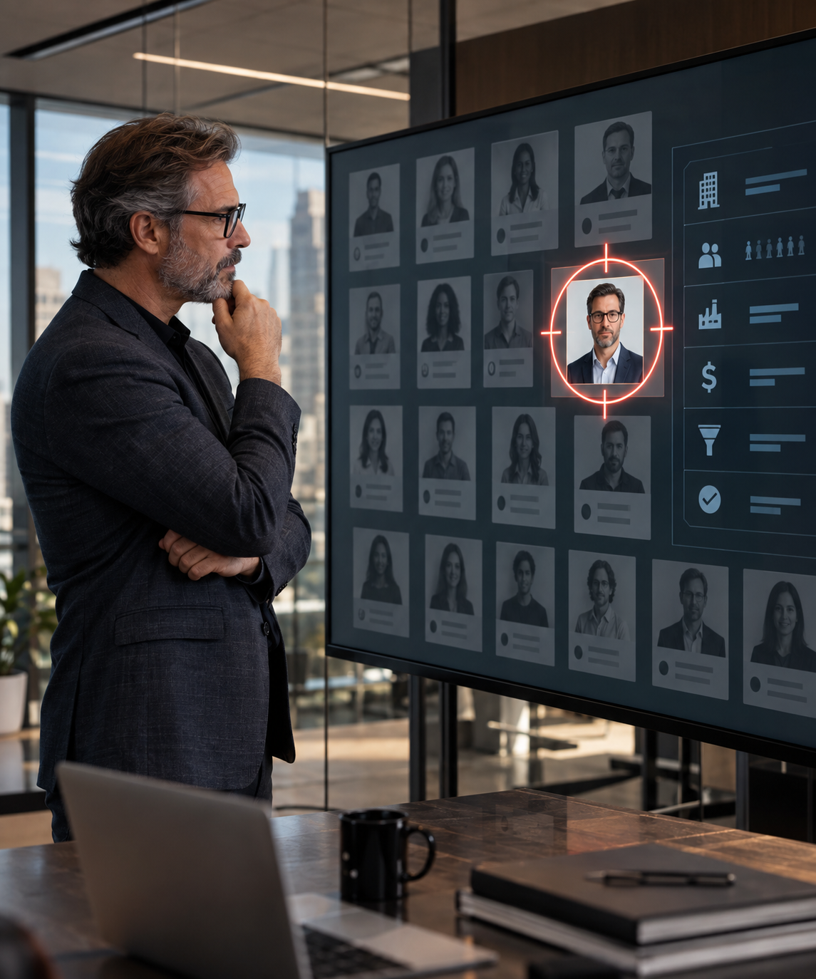 Empresário analisando dados de clientes em planilha para definir perfil de cliente ideal