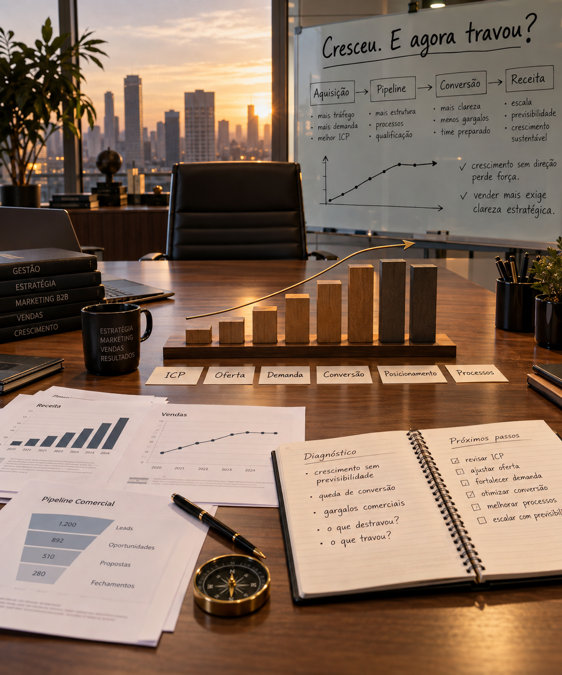 Empresário brasileiro analisando gráfico de vendas estagnado após período de crescimento