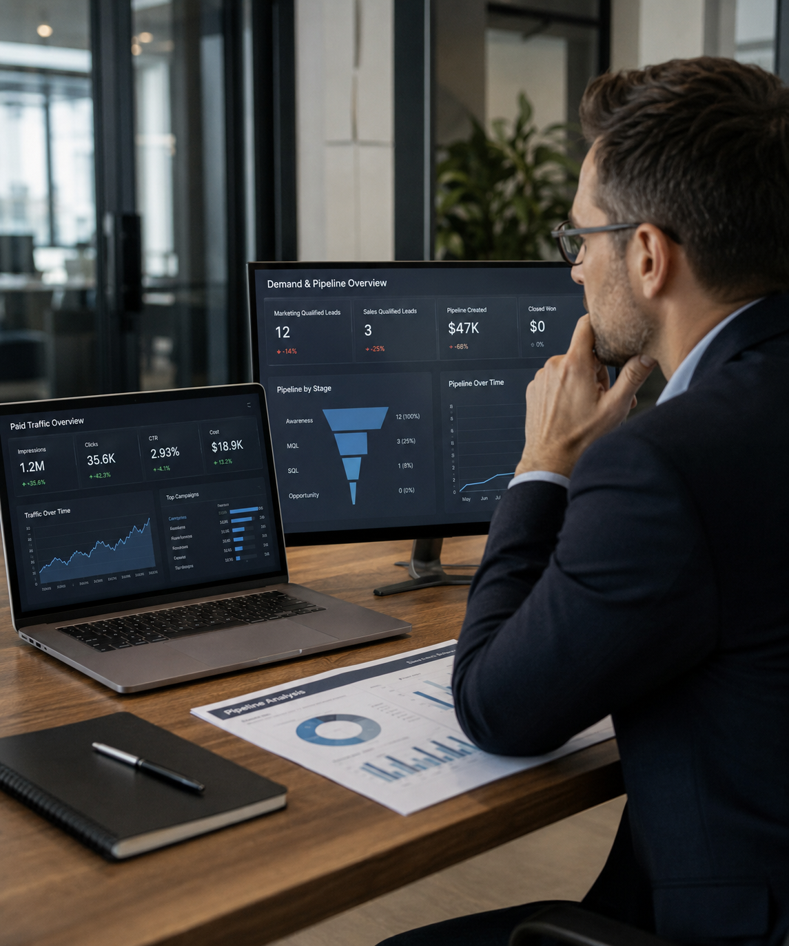 Empresário brasileiro analisando funil de vendas B2B em gráfico digital no escritório