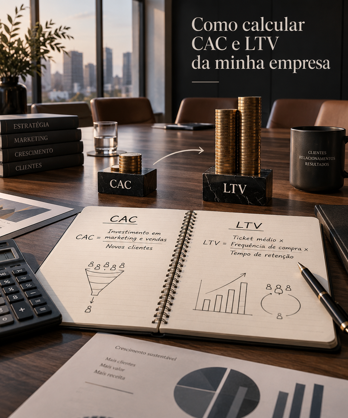 Empresário brasileiro analisando gráfico de CAC e LTV em notebook no escritório
