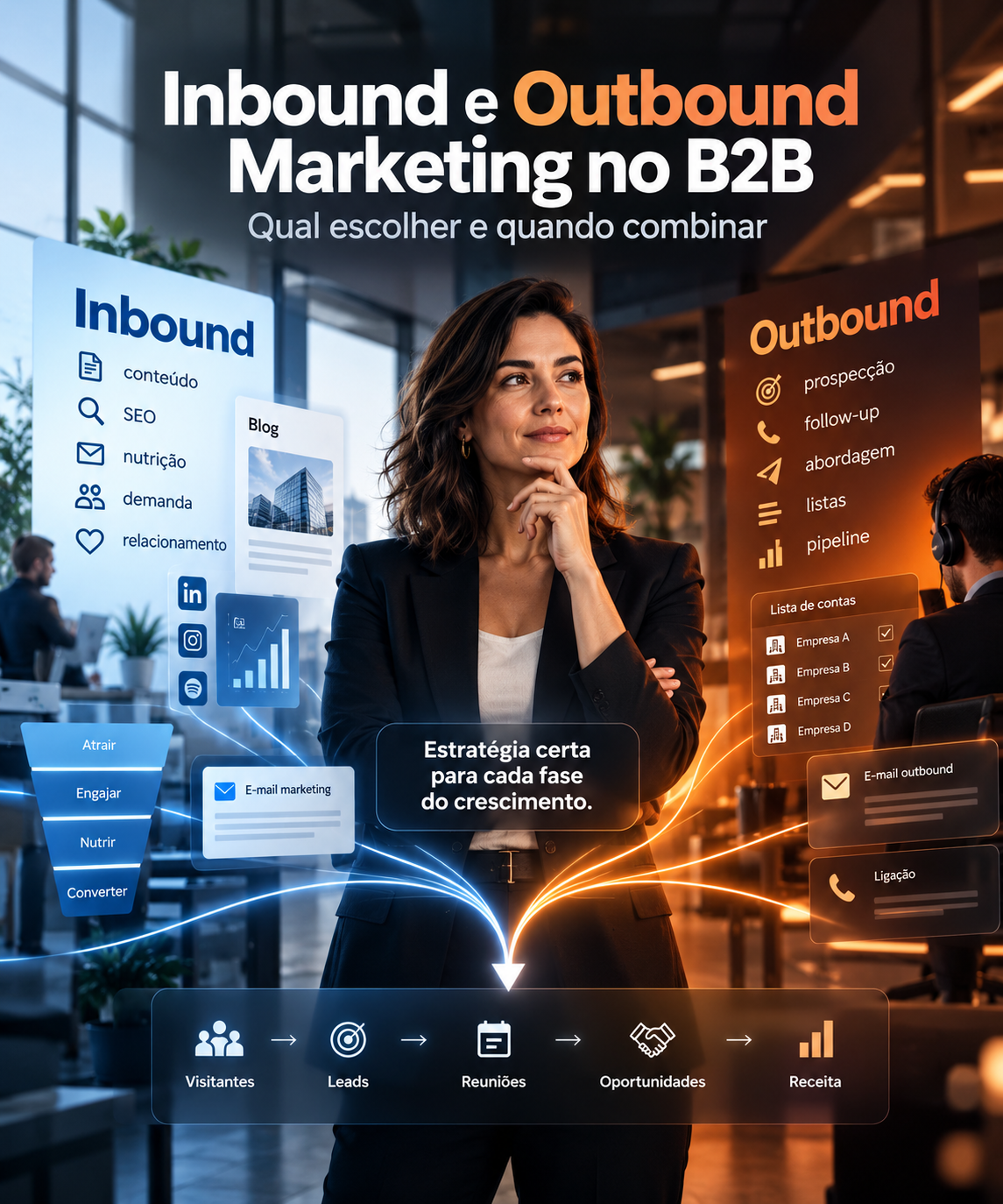 Dono de pequena empresa brasileira analisando funil de vendas com setas de inbound e outbound marketing em um quadro branco