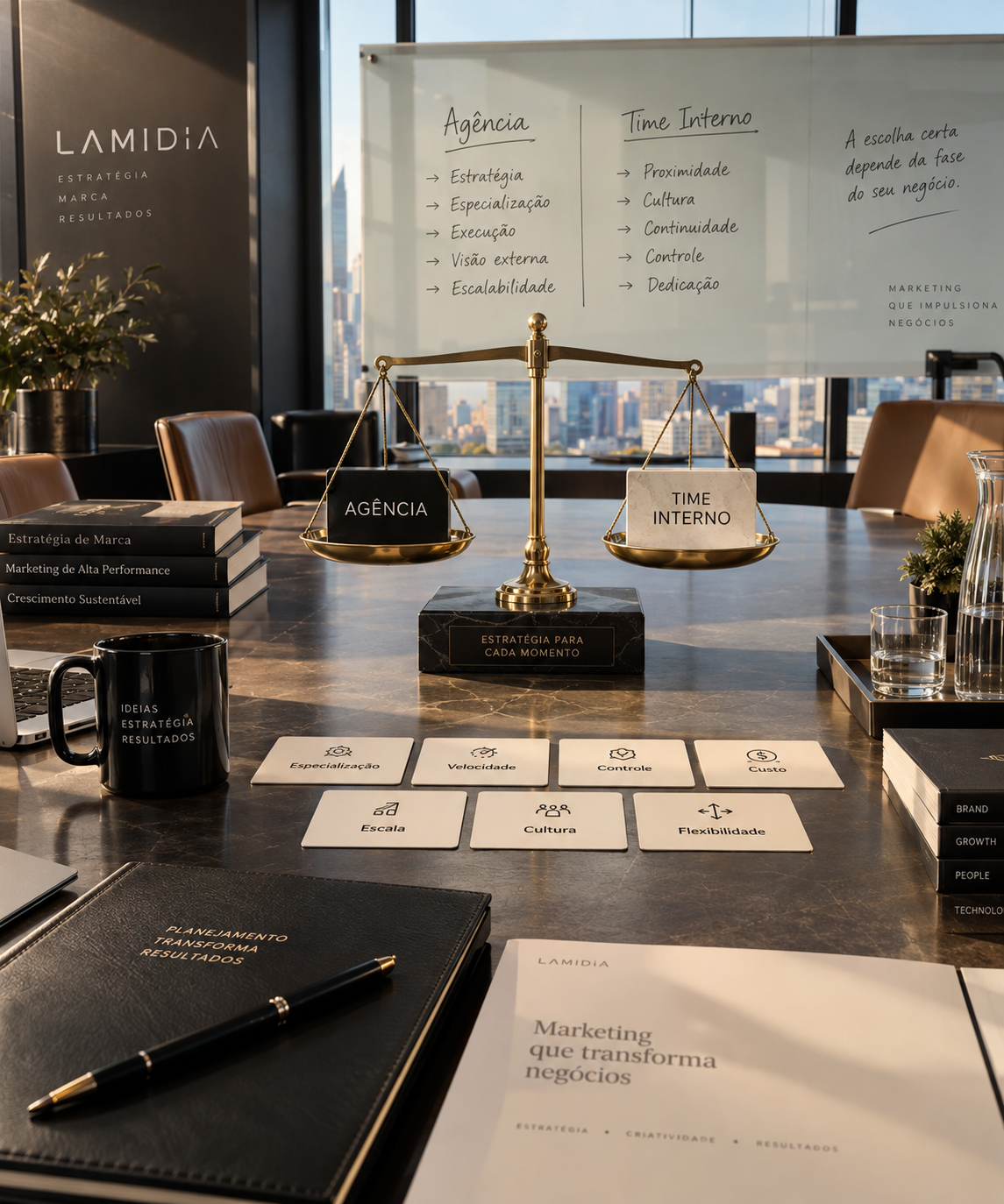 Dono de empresa comparando custos de agência de marketing e contratação de time interno em uma mesa de trabalho