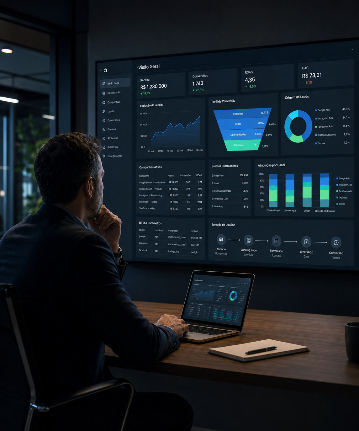 Empresário brasileiro analisando painel de métricas de marketing incompleto no computador